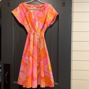 Lands End Canvas *Sample* Pink and Orange Short Sleeve Dress with Twine Belt